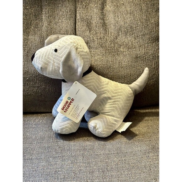 Grey Herringbone Striped Dog Stuffed Weighted Door Stop Begging New Tag Morgan - Picture 4 of 9